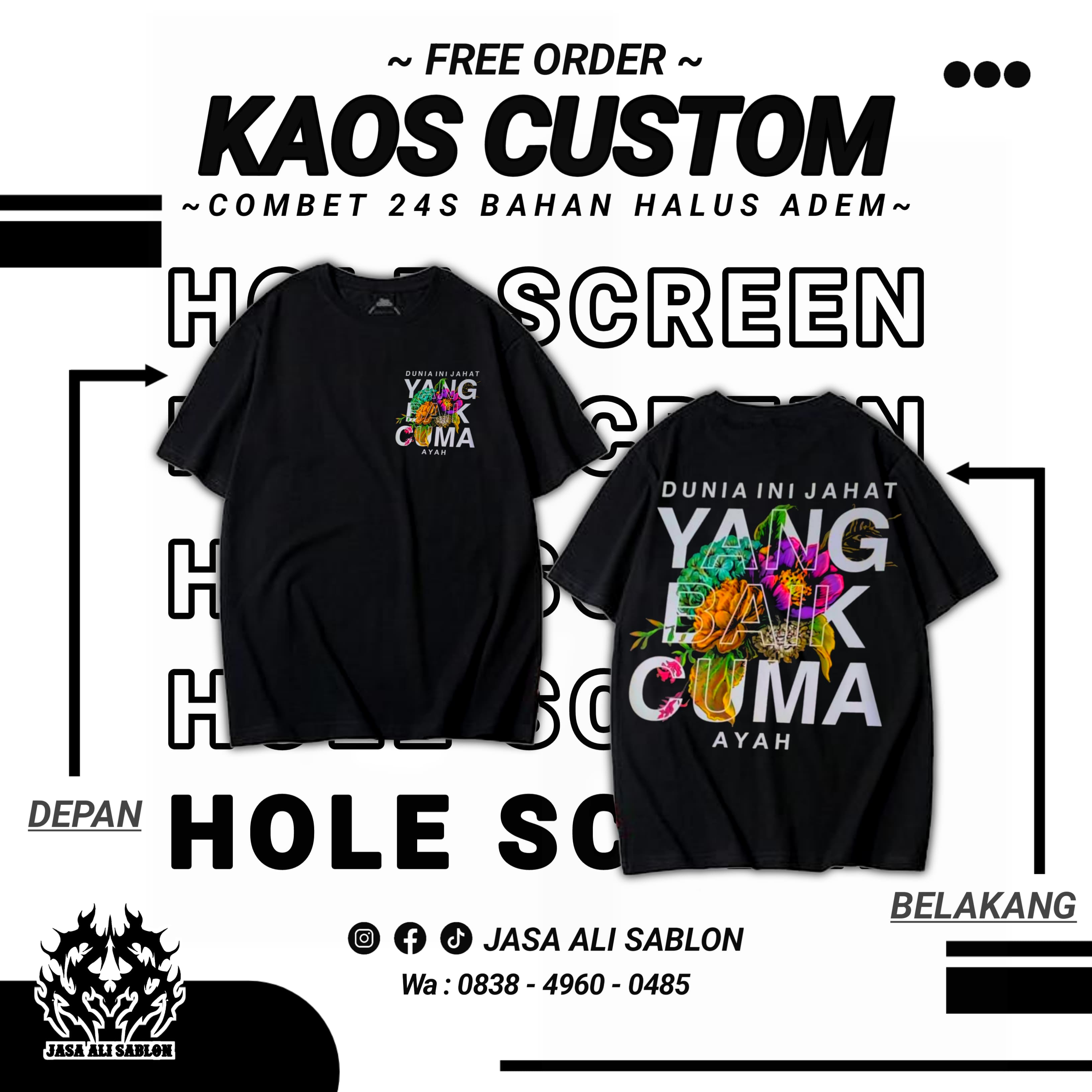 Kaos hitam dengan sablon DTF full color bergambar ilustrasi wajah karakter anime dengan detail tinggi